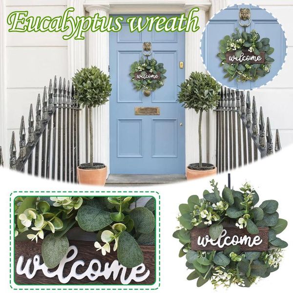 

decorative flowers & wreaths 1pcs welcome wreath decor door hanging garland ornament simulation leaf eucalyptus artificial plant