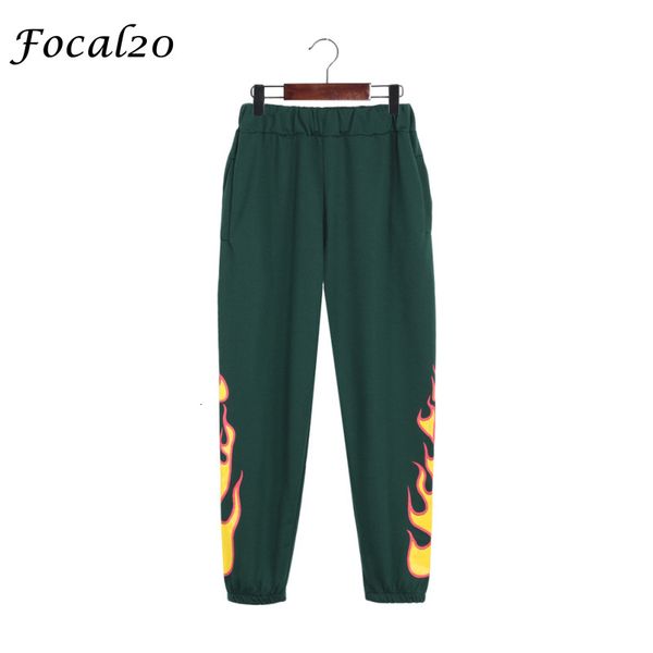 

focal20 harajuku women elastic waist casaul loose fire flame print full length pants trousers streetwear 200930, Black;white