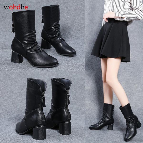 

boots wohdhe female women shoes botas de mujer gothic ankle combat for chunky heels autumn zip, Black