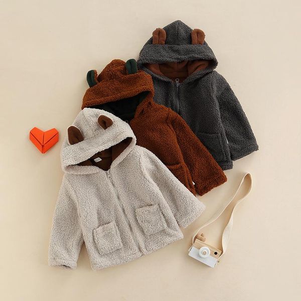 

jackets 2021 autumn winter toddler kids baby boy girl solid color long sleeve ear zipper hooded velvet plush jacket coat outwear clothes, Blue;gray