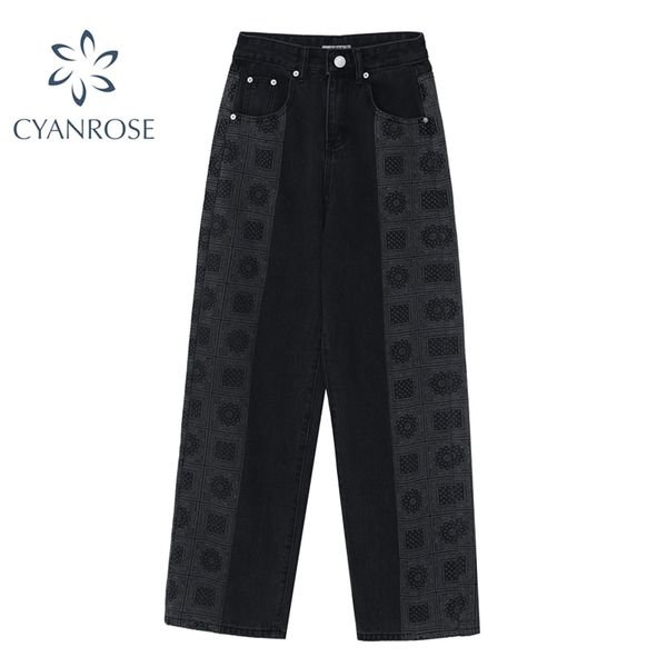 

vintage print long denim pants women autumn winter high waist wide straight jeans trousers female fashion oversized 210515, Blue