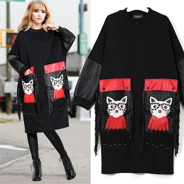 

new woman winter unique style black dress plus size midi pu long sleeve cartoon pocket fringes ladies cute large dress robe 3084, Black;gray