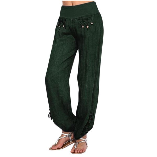 

trendy fashion solid buttons women pants cotton and linen casual loose trouser wide leg ppantalones de mid mujer, Black;white