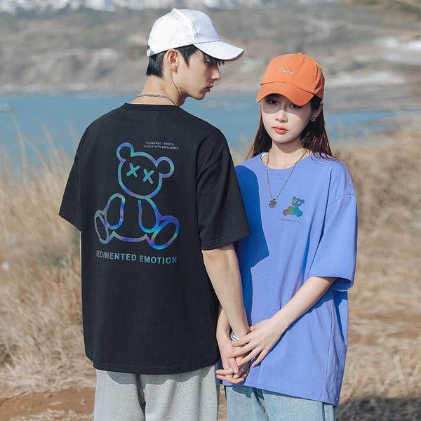 

men's t-shirts tfetters brand youth fashion men tshirt 2021 summer cotton casual loose colorful bear reflective couple short sleeve t-s, White;black