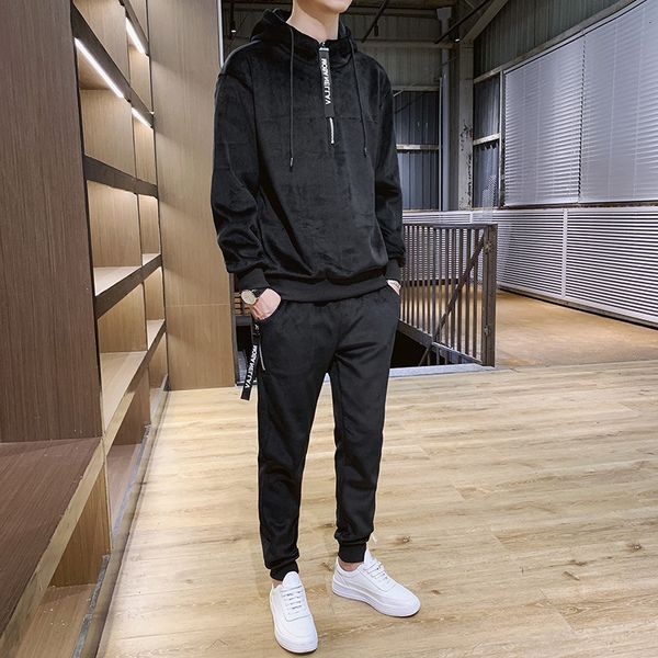 

golden autumn warm and winter veet sweater trend two-piece hooded suit men's, Black