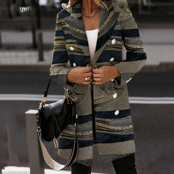 

women's wool & blends autumn women fashion elegant lapel double breasted print cardigan office button leopard patchwork overcoats ladie, Black