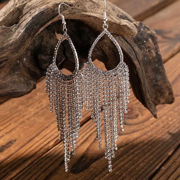 

stud luxury rhinestone crystal long tassel earrings for women bridal drop dangling party wedding jewelry gifts, Golden;silver