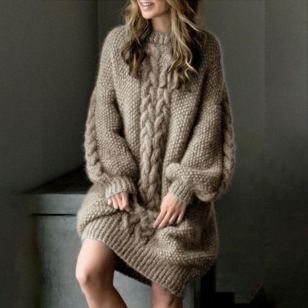 

casual dresses 2021 autumn winter loose straight long-sleeved knitted fashion solid color twist thickened mid-length sweater dress, Black;gray
