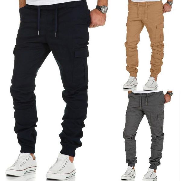 

men cargo pants solid color elastic waist casual joggers long trousers homme military leggings pantalon d30 men's, Black
