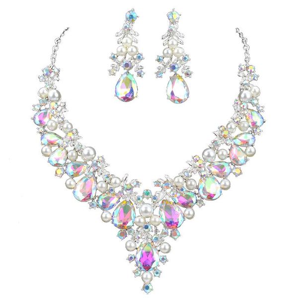 Orecchini Collana Delicato Brillante Cristallo AB Set di gioielli con perle simulate Abito da sposa da donna Accessori per gioielli da festa da sposa