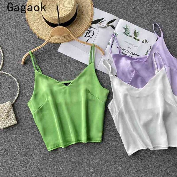 

women crop summer club solid v neck short navel camis slim korean chic fashion wild outwear camisole 210531, White
