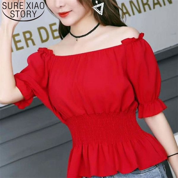 

summer fashion women chiffon blouses off shoulder casual short sleeve slash neck clothing 5138 50 210506, White