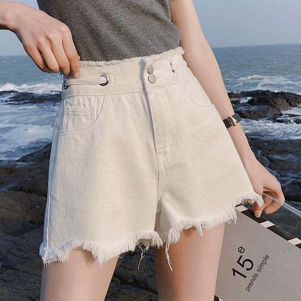 

women's jeans short feminino summer streetwear loose white denim shorts pockets harajuku casual tassel high waist ds50501, Blue
