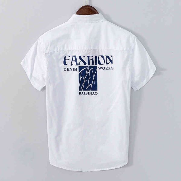 

safari style short sleeve shirt for men summer new 100% cotton casual turn-down collar male white print clothing 210421, White;black