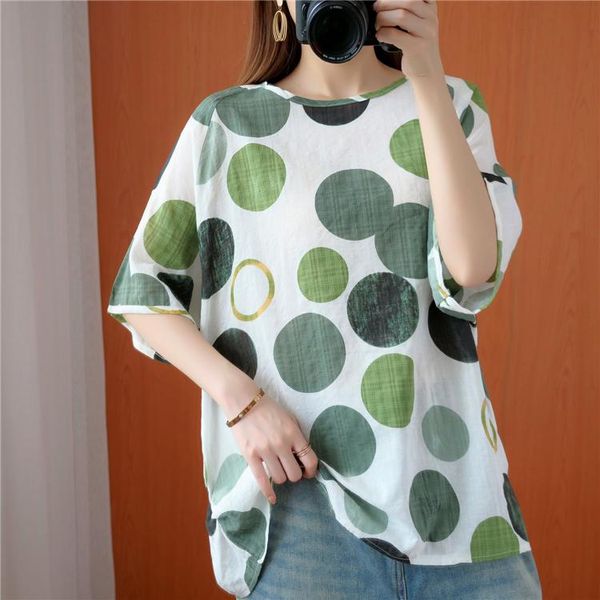 

linen cotton comfortable leisure women blouse dot printed short sleeves round neck shirt women's blouses & shirts, White