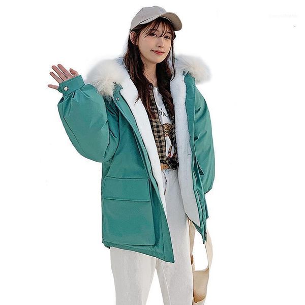 

women's down & parkas 2021 lining plus velvet women winter jacket cotton padded warm thicken fur collar ladies short coats parka womens, Black