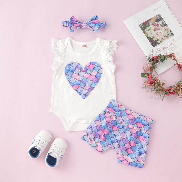 

baby clothing sets toddler girls summer print short-sleeved shorts headband clothes suit girl outfit set jumpsuits, Blue