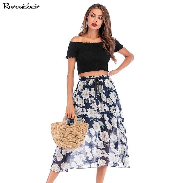 

skirts summer bohemian floral print beach boho skirt elegant daisy chiffon 2021 high waist bowknot midi womens, Black