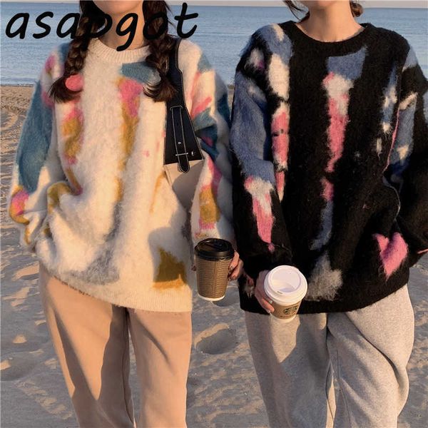 

couple sweater winter loose o neck long sleeve color contrast pullovers sweaters women long patchwork knitted jacket man casual 210610, White