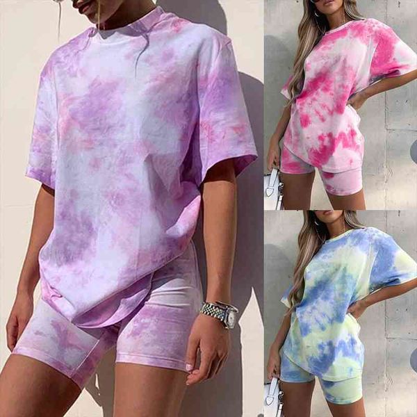 

tie dye print gradient womens set short sleeve o-neck tee shorts suit piece set sporty tracksuit elastic outfits h4, Gray