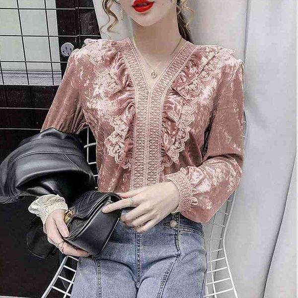 

autumn vintage lace ruffled women shirts velvet blusas mujer de moda, White