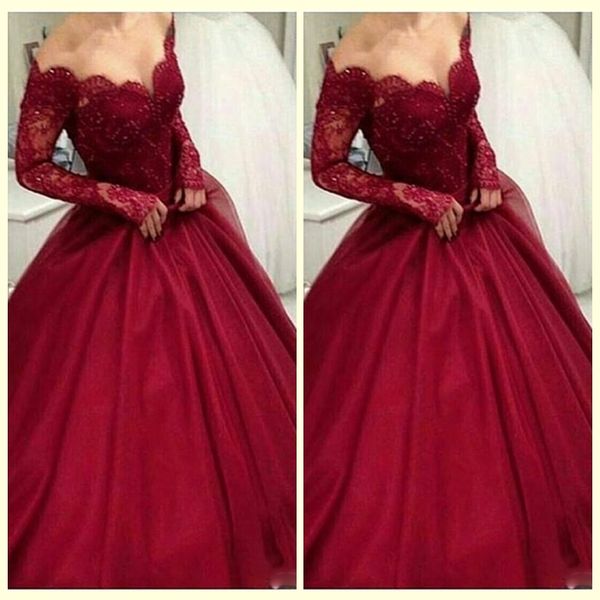 

evening dresses off the shoulder burgundy long sleeves es arabic gowns v-neck ball gown robe de mariee, Black;red