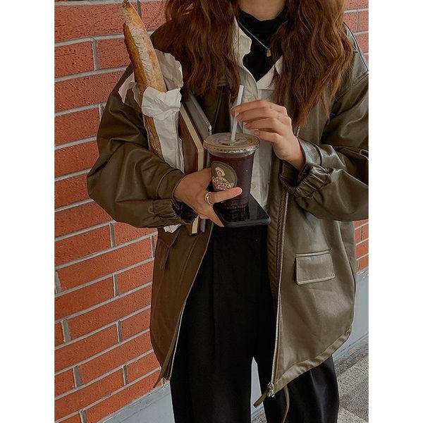 

women's jackets [daihe] 2021 autumn style korean version versatile loose long sleeved leather casual coat h10952, Black;brown