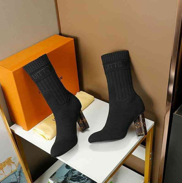 

boots fashion woman lady sock booties fashionable comfortable leather presbyopia martin boot heel height 9cm size 35-42 we5e, Black