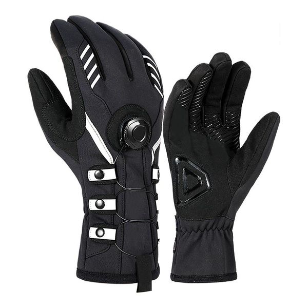 

cycling gloves 1pair men women waterproof hand warmer with reflective strip windproof daily winter warm automatic lacing mittens, Black