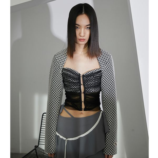 

new design streetwear retro mesh patchwork single-breasted full short coat slim jacket women 210421, Black;brown
