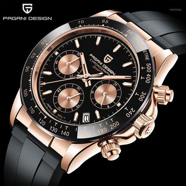 

wristwatches mens watch pagani design rubber strap calendar chronograph quartz wristwatch sapphire glass sports relogio, Slivery;brown