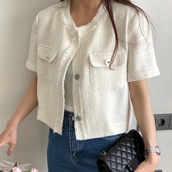 

women's jackets sannian temperament round collar tassel splicing loose easy to take single row buttons cardigan tweed short jacket wome, Black;brown