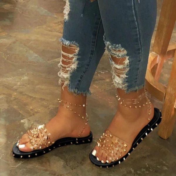 

sandals transparent flats shoes women clear rivet roman beach sandal, Black
