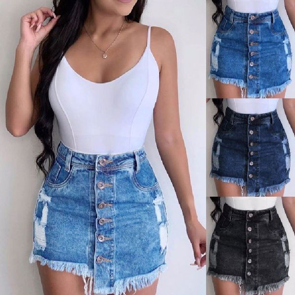 

skirt women will see denim skirts high waist button jeans torn ladies hole skirt, Black