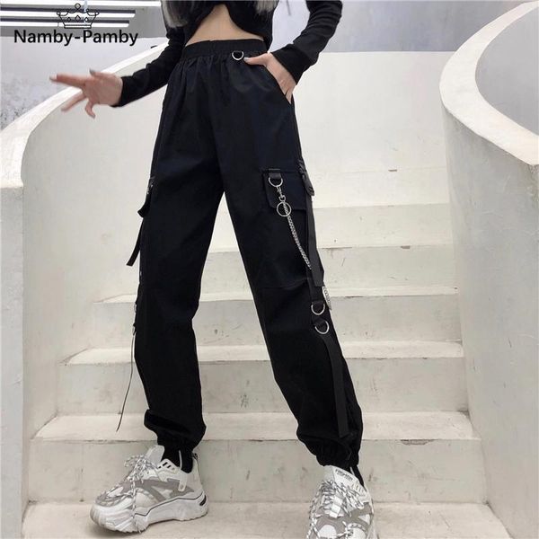 

women's pants & capris punk chain cargo women jogging hippie black oversized pockets loose baggy harajuku casual trousers, Black;white