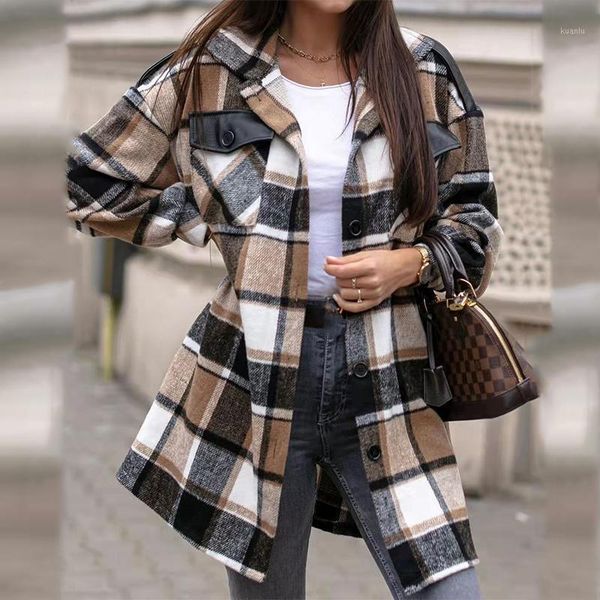 

women's jackets fashion plaid button long sleeve jacket women elegant lapel single breasted ladies shirt coat 2021 autumn spring casual, Black;brown