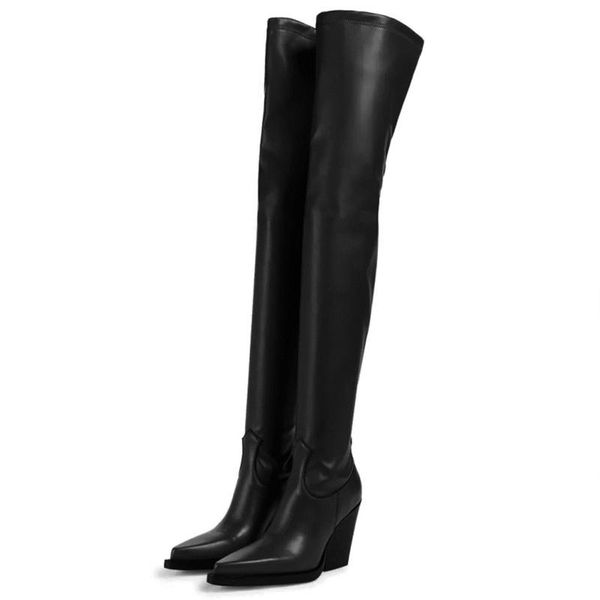

boots genuine leather thigh high for women fashion wedge heels over-the-knee stretch autumn winter shoes long boot lady, Black