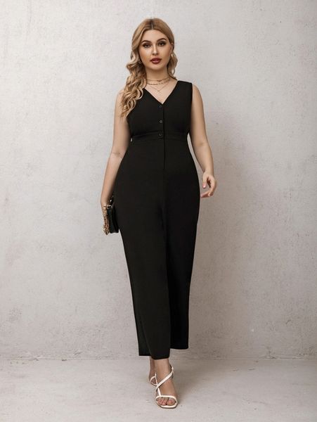 

plus button front sleeveless jumpsuit b0r4#, Black