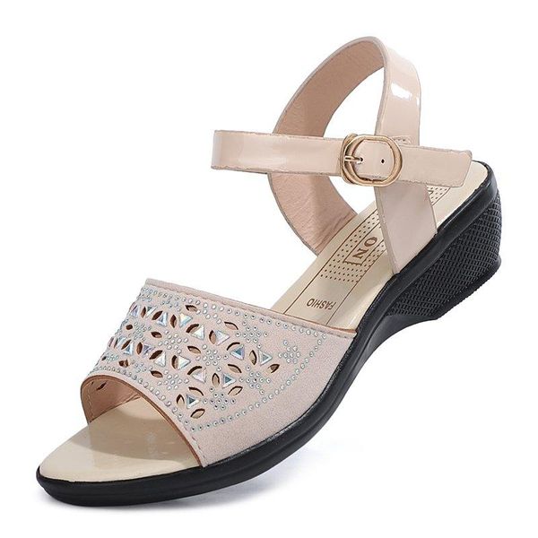 

sandals 2021 summer mother shoes medium heel wedge women leather soft bottom mixed colors fashion comfortable old, Black