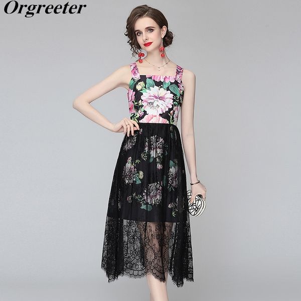 

fashion design summer women's spaghetti strap dress high waist floral print black lace splice mid vacation robe femme 210525, Black;gray