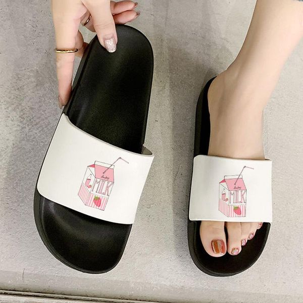 

slippers 2021 cute cartoon strawberry juice carton milk shoes open toe flip flops for women sandals summer, Black