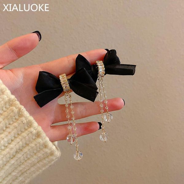 

dangle & chandelier xialuoke s925 needle bohemian tassel ribbon bow crystal pendant earrings for women retro long drop jewelry accessories, Silver