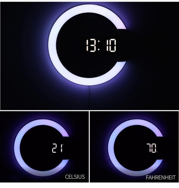 

wall clocks 7 colors led digital clock telecontrol alarm mirror table temperature nightlight for home living room decorations