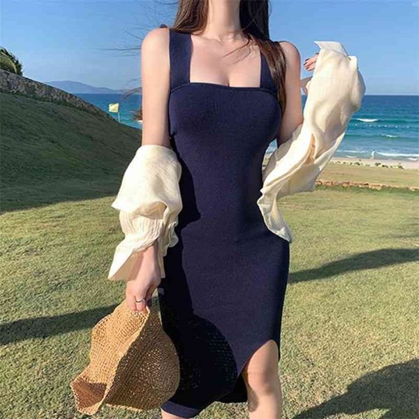 

korean summer suspenders slim square collar split sleeve hip show figure knitted dress female 210416, Black;gray