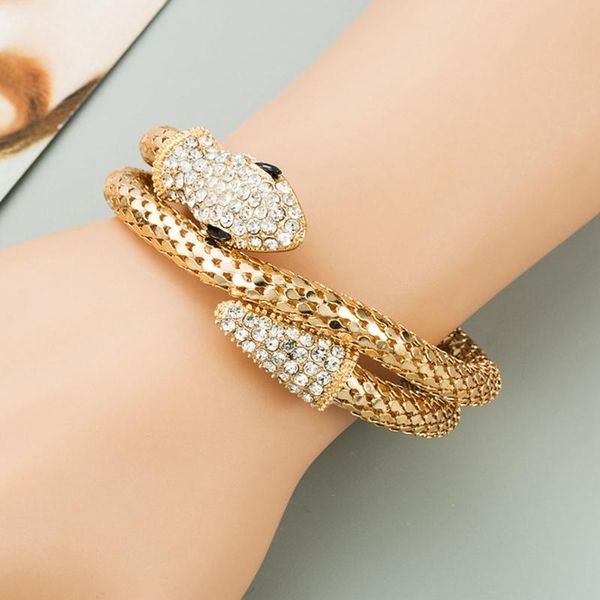 

bangle punk style crystals inlaid snake shape twisted bracelet bangles for women hip hop gold jewelry gifts, Black