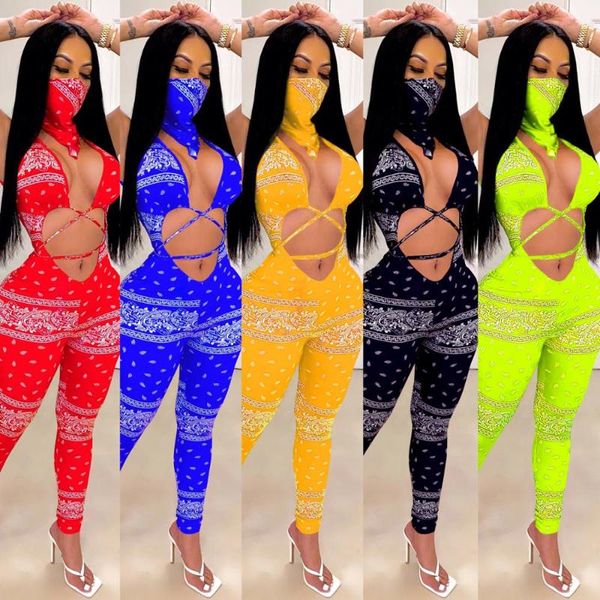 

women's jumpsuits & rompers felyn 2021 quality 2 pcs print mask v-neck hollow out summer night club, Black;white
