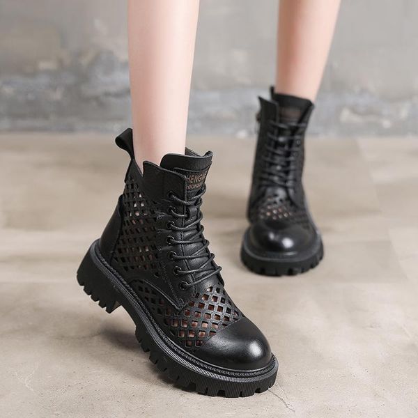 

boots hollow women 2021 summer woman heel leather platform shoes heels fashion designer ankle boot female, Black