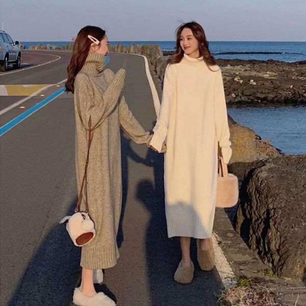 

casual dresses autumn sweater women dress winter long sleeve sweaters knitted womens loose maxi oversize knitting robe vestido, Black;gray
