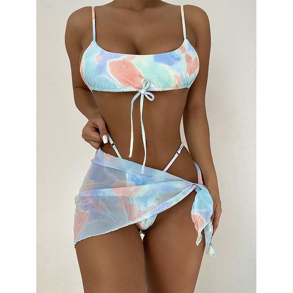 

women's swimwear myteng tie dye mini thong bikini set swimsuit women three-pieces bathing suit summer beachwear bandeau biqiuni, White;black