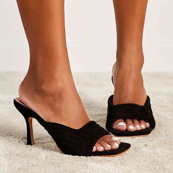 

sandals 2021 summer women high heels mules square head toe slides female thin outdoor slippers fkjx, Black